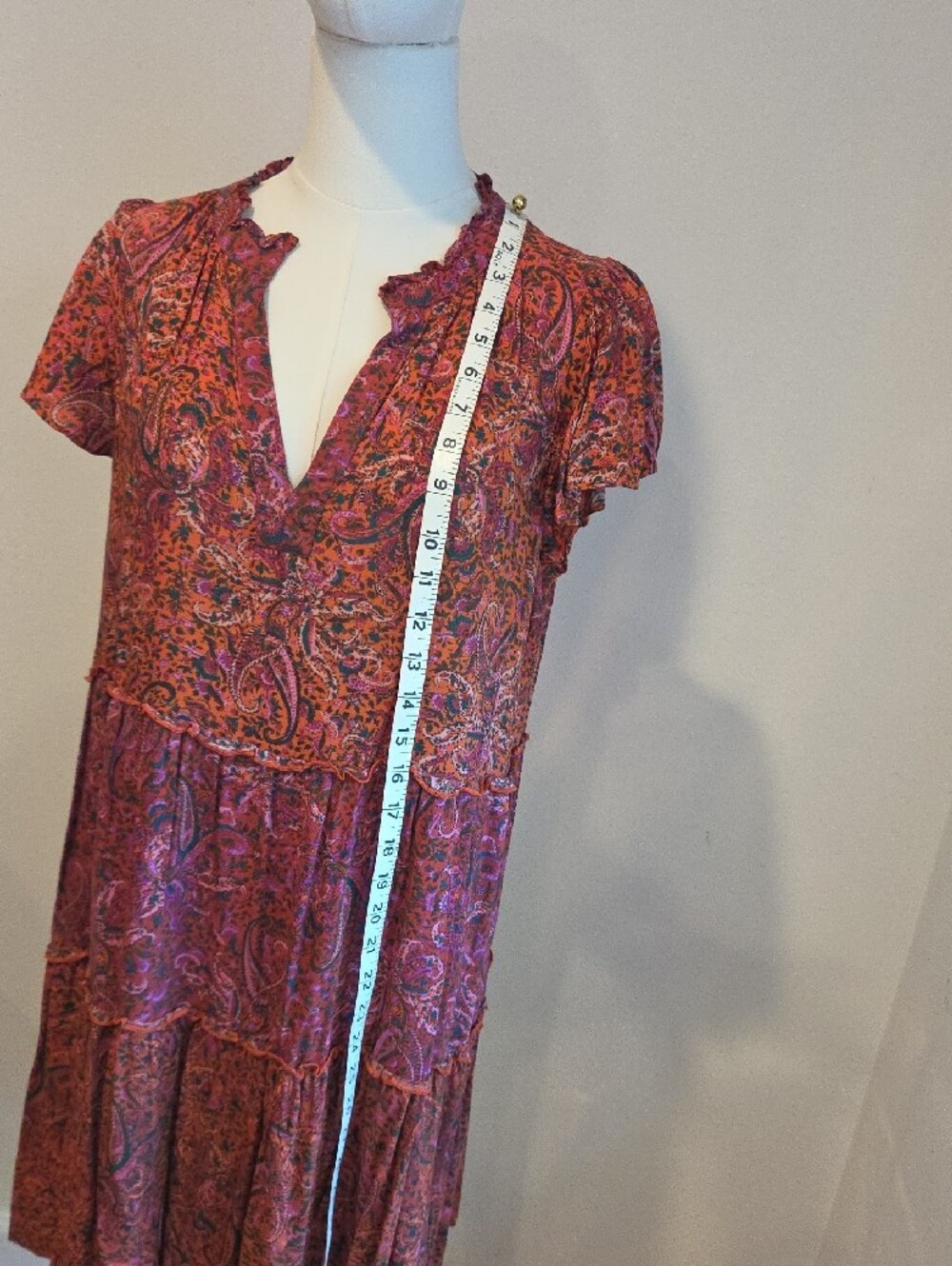 Anthropologie Pink Paisley Ruffled V-Neck Tiered Mini Dress - Picture 5 of 13